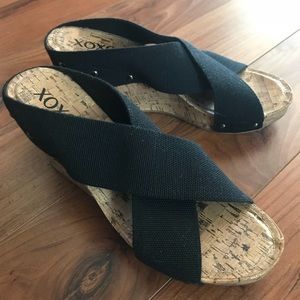 XOXO Black bandage cork wedge shoes.